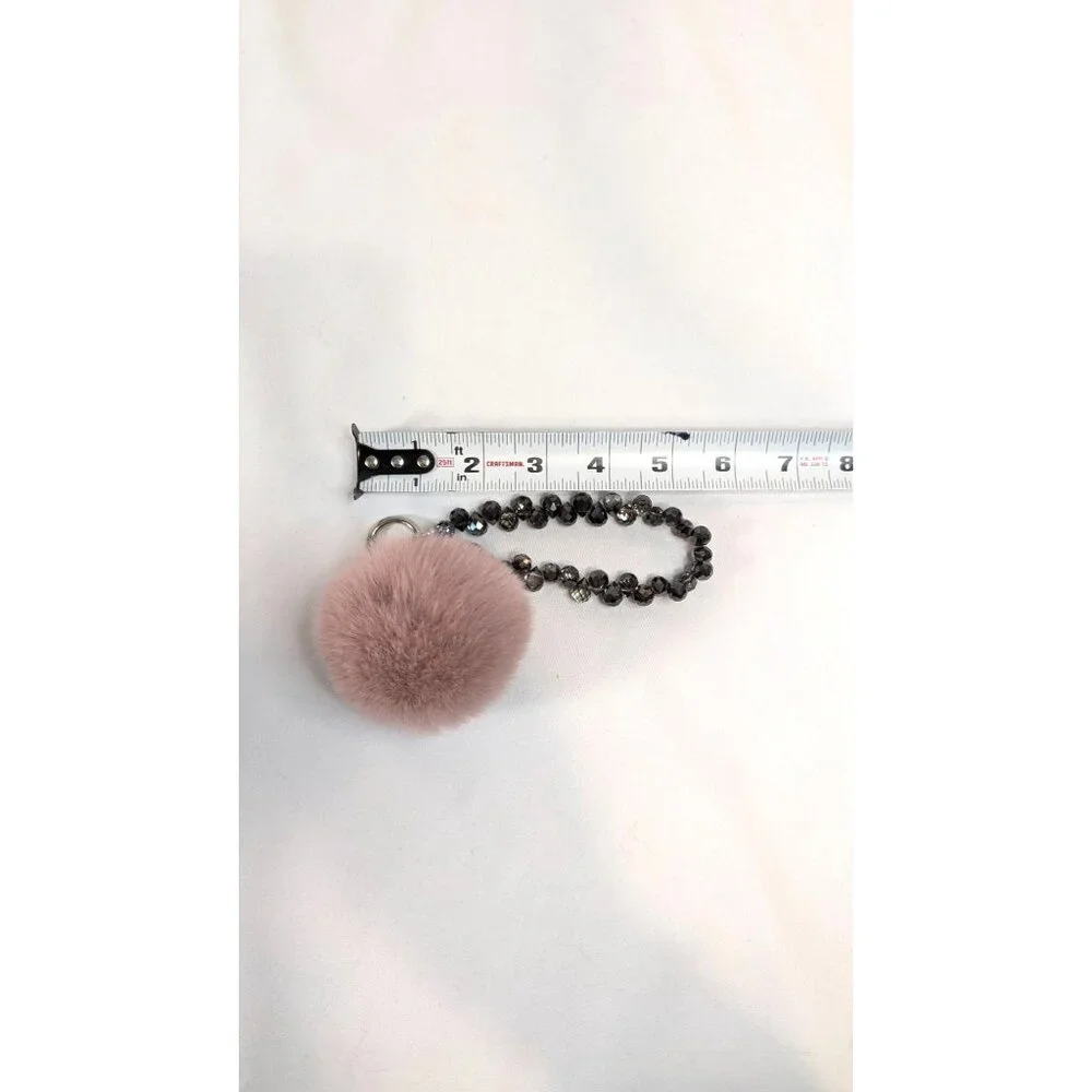 Purse fob charm keychain mauve pompom black sparkly beaded wrist strap custom - Picture 3 of 3